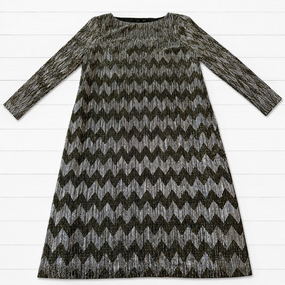 Banana Republic Metallic Chevron‎ Shift Dress Gold Silver Black Long Sleeve Sz 2
